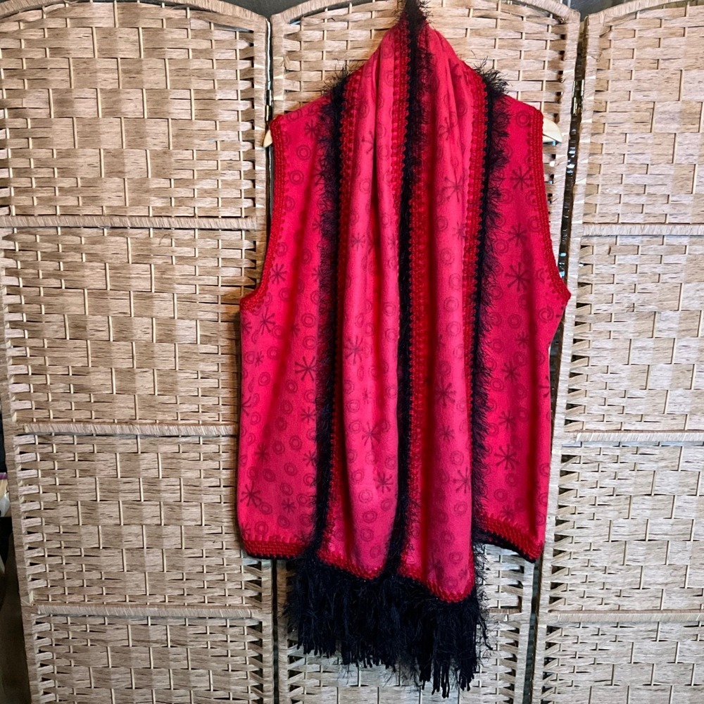 Womens Handmade Retro Fleece Christmas Vest Crochet Trim and Matching Scarf SZ L